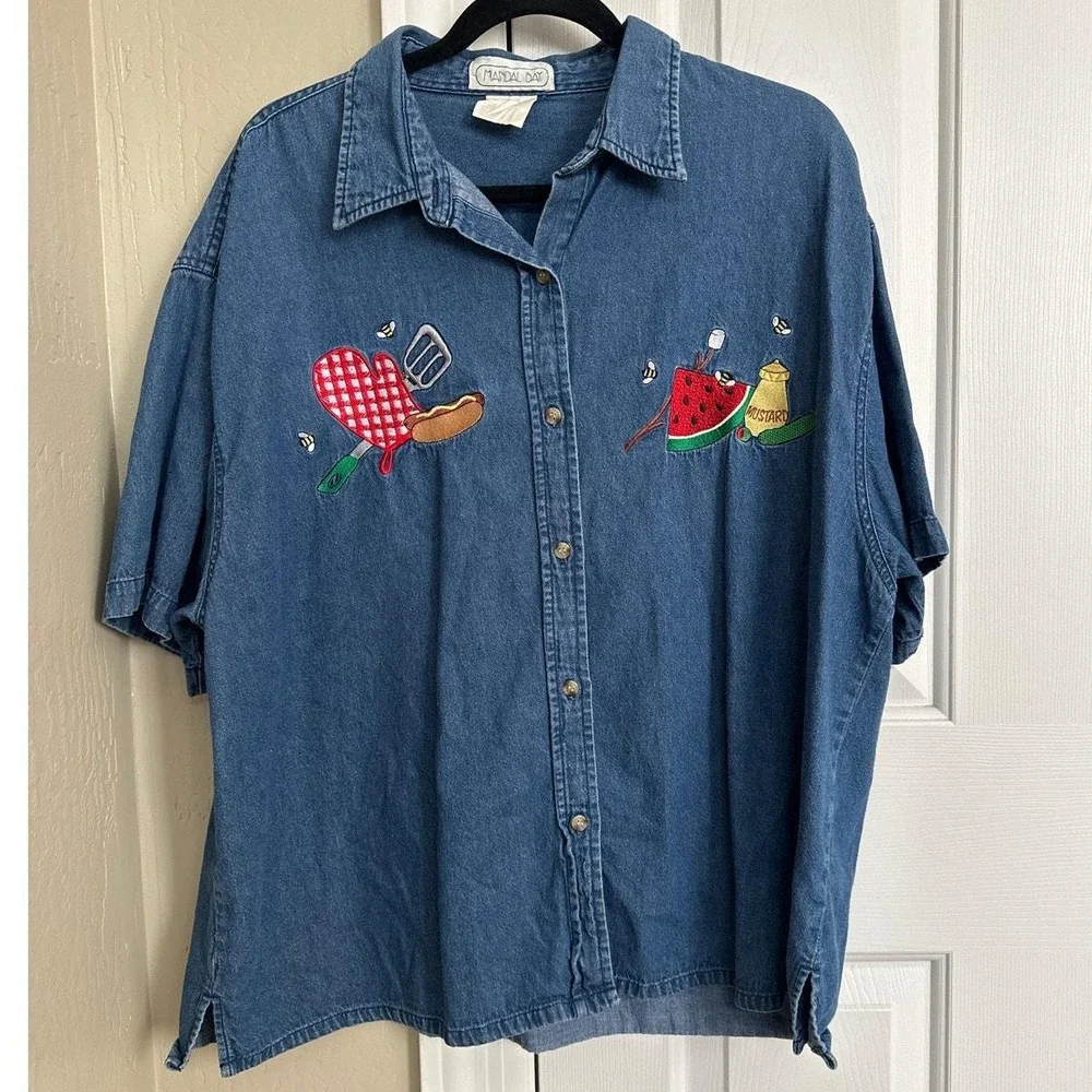 Vintage Mandal Bay BBQ Embroidered Denim Shirt - XL - Rare 90s Kitschy Vintage - Picture 1 of 7